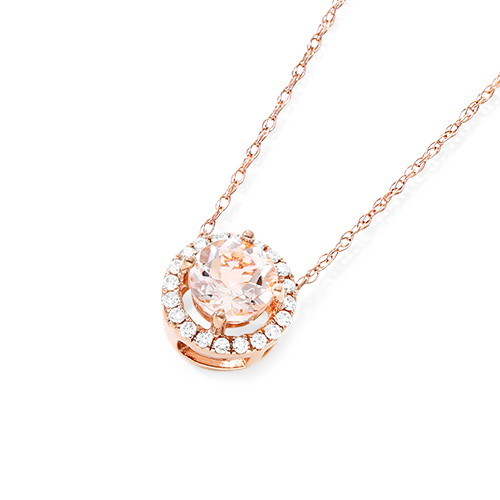 14K Rose Gold Round Halo Morganite And Diamond Necklace (5.0mm)