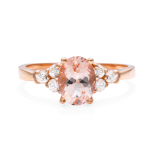 14K Rose Gold Triple Round Diamond And Oval Morganite Ring (8.0x6.0mm)