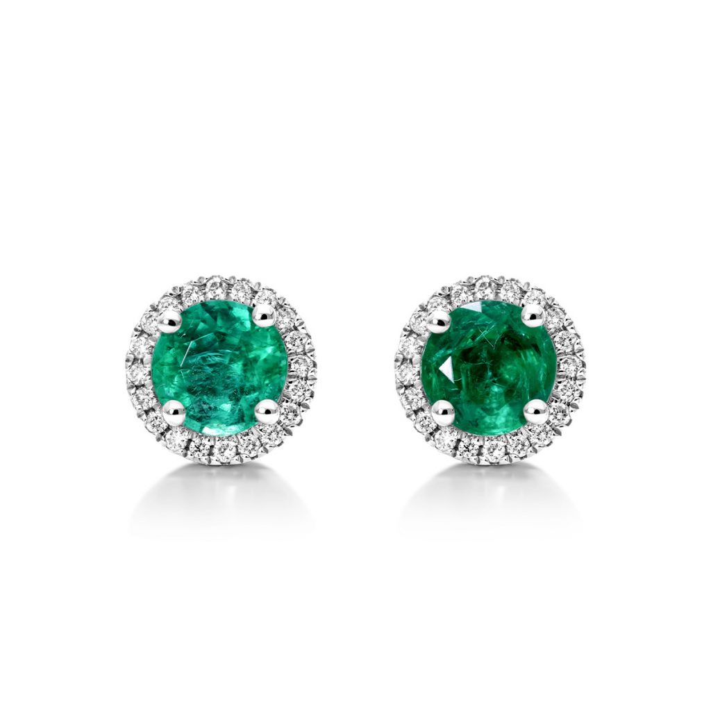 18K White Gold Round Halo Emerald And Diamond Earrings
