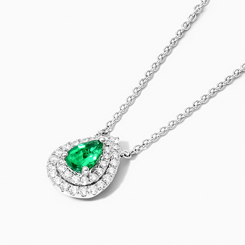 18K White Gold Pear Shape Emerald Double Diamond Halo Necklace