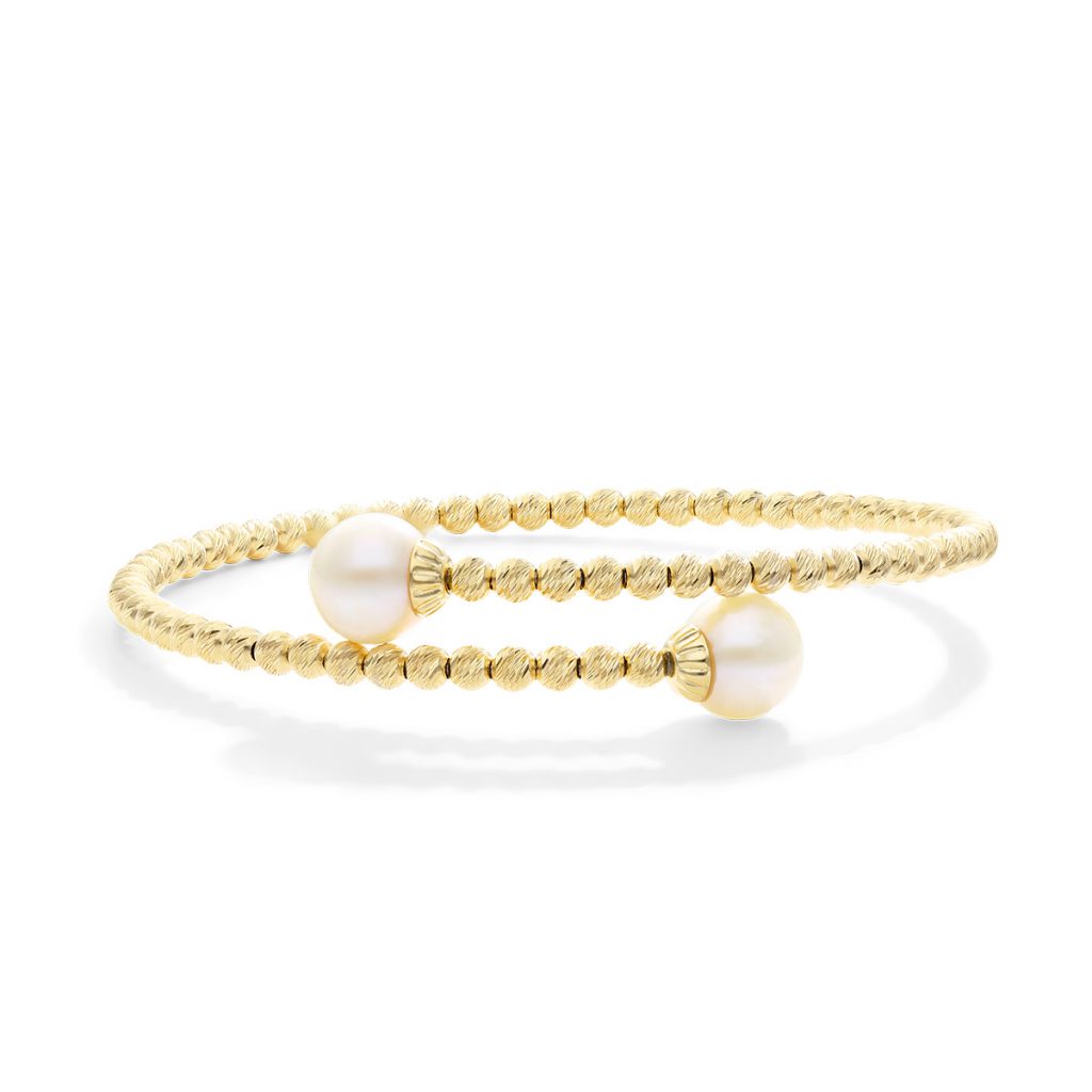 14K Yellow Gold Akoya Cultured Pearl And Textured Brilliance Bead Bangle Bracelet (8.0-8.5mm)
