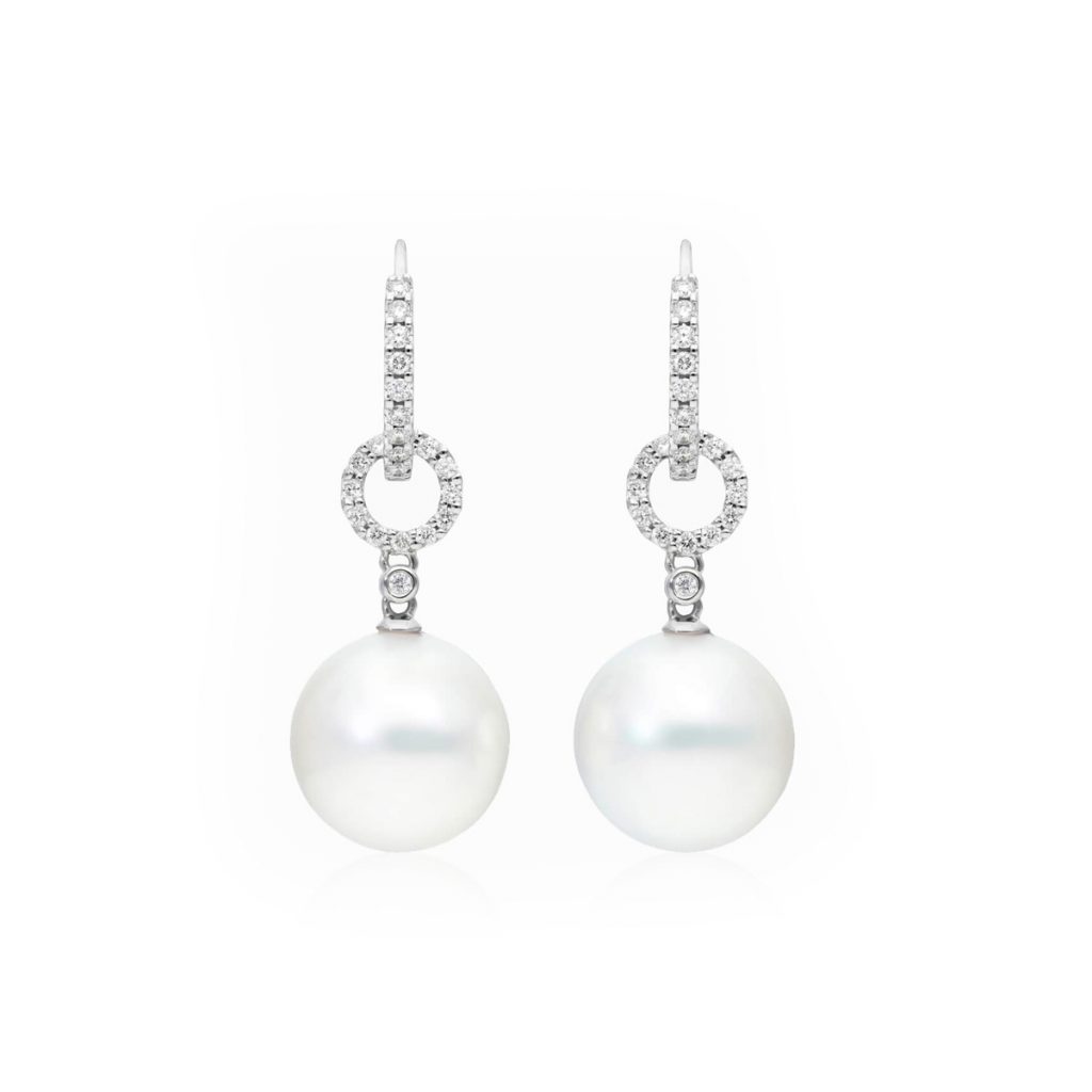 14K White Gold South Sea Cultured Pearl And Loop Diamond Earrings