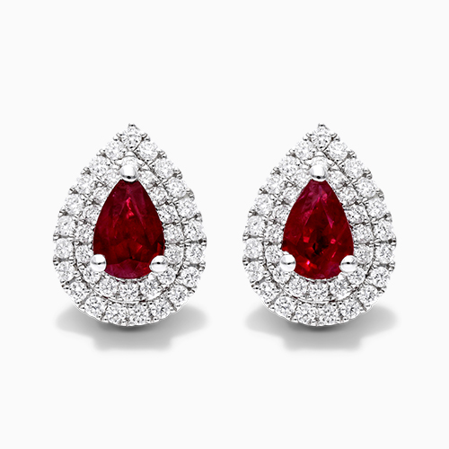 18K White Gold Pear Shape Ruby And Diamond Double Halo Earrings