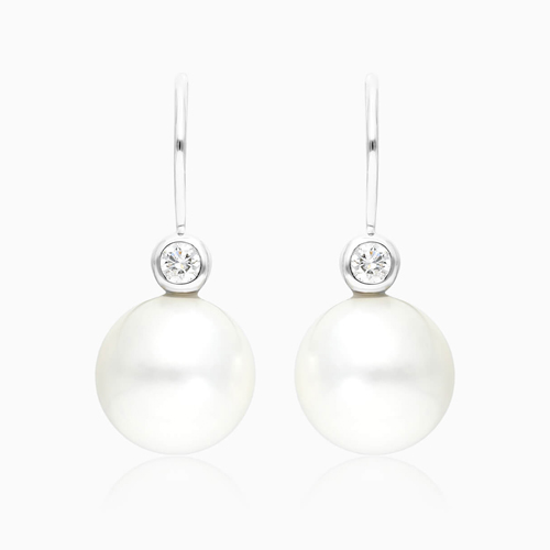 18K White Gold South Sea Cultured Pearl And Bezel Diamond Drop Earrings 