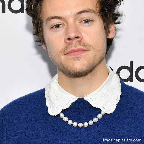 Harry Styles wearing a pearl necklace 