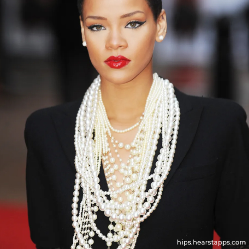 Rihanna wearing multiple pearl necklaces 