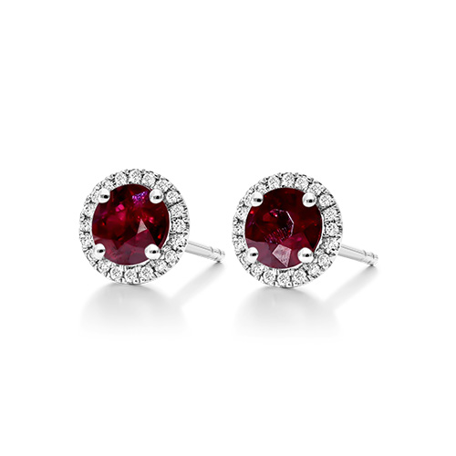 18K White Gold Round Halo Ruby And Diamond Earrings