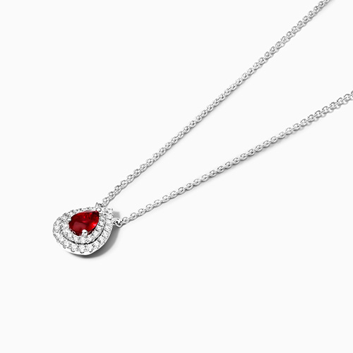18K White Gold Pear Shape Ruby Double Diamond Halo Necklace