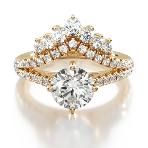 14K Yellow Gold Double Row Majestic Diamond Tiara Engagement Ring