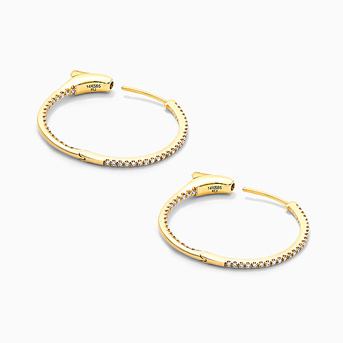 14K Yellow Gold Inside Out Round Hoops, 3/4 Inch Diameter (0.25 Ctw.)