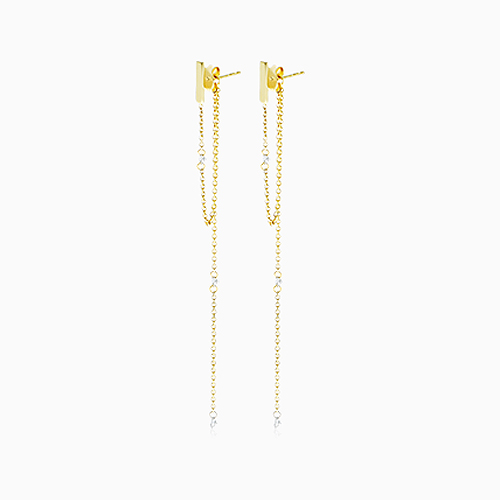14K Yellow Gold Chained Pierced Diamond Front And Back Earrings By Brevani