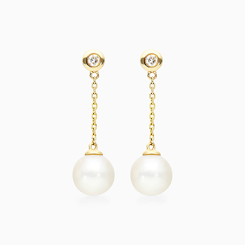 14K Yellow Gold Freshwater Pearl And Bezel Set Diamond Drop Earrings (8.0-8.5mm)
