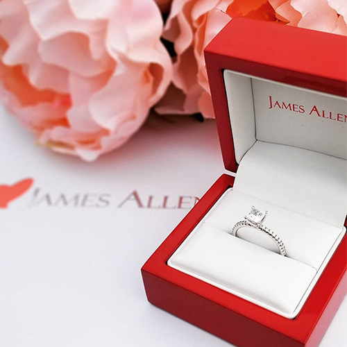 an image of an engagement ring in an open red ring box next to pink roses 
