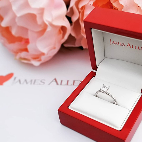 An engagement ring in an open red ring box next to pink roses 