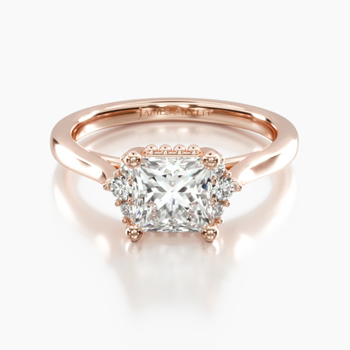 14K Rose Gold Bead Accent Pavé Trio Diamond Engagement Ring