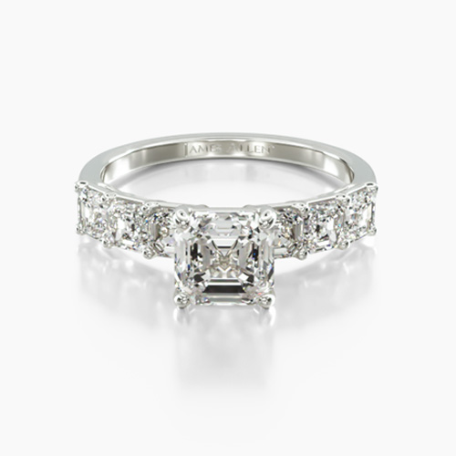 14K White Gold Asscher Cut Side Stone Diamond Engagement Ring