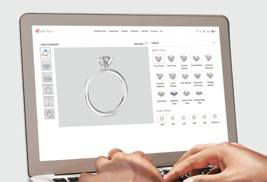 A person customizing their engagement ring online at JamesAllen.com