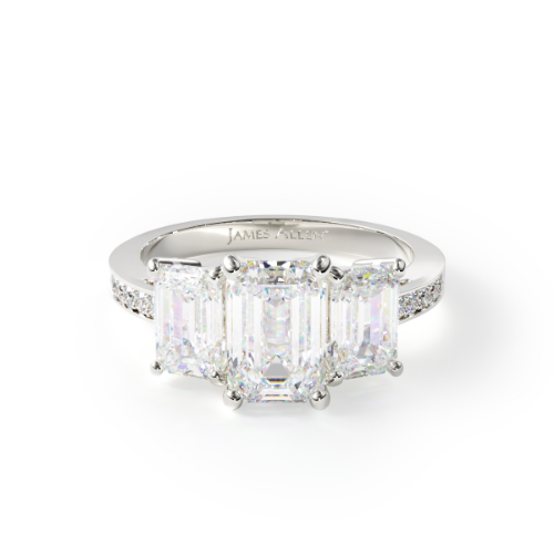 14K White Gold Three Stone Emerald And Pavé Set Diamond Engagement Ring