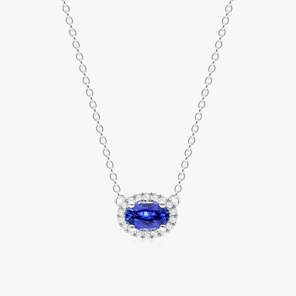 18K White Gold East-West Set Oval Halo Sapphire And Diamond Necklace