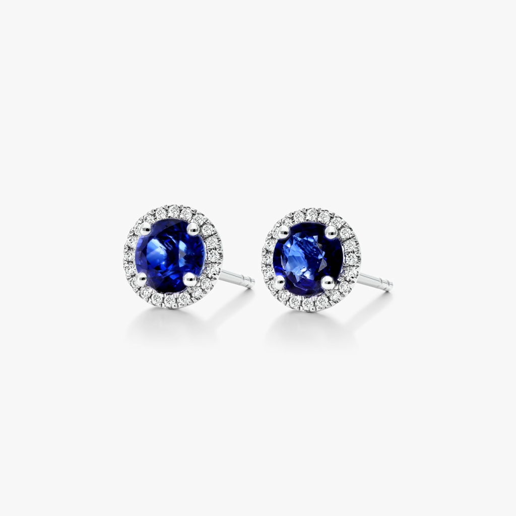 18K White Gold Round Halo Sapphire And Diamond Earrings