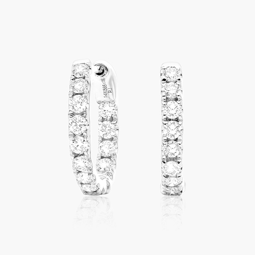 14K White Gold Inside Out Round Hoops, 1/2 Inch Diameter (0.25 Ctw.)
