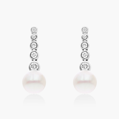 14K White Gold Cultured Freshwater Pearl And Diamond Row Drop Earrings (6mm)