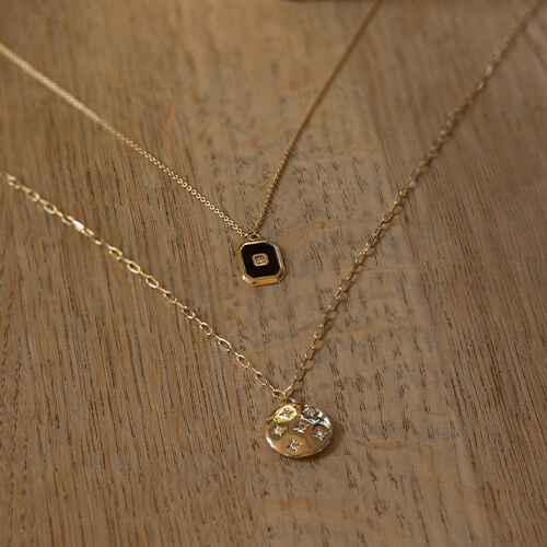 14K Yellow Gold Black Enamel Octagon Diamond Medallion Necklace