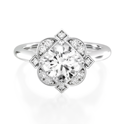 14K White Gold Art Deco Inspired Floral Halo Engagement Ring
