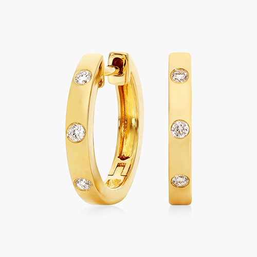 14K Yellow Gold Diamond Bezel Huggie Hoop Earrings