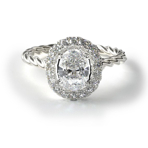 14K White Gold Pavé Halo Cabled Diamond Engagement Ring