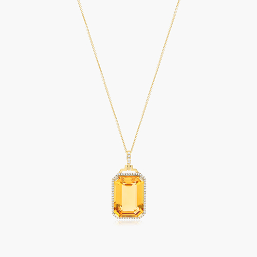 18K Yellow Gold Emerald Cut Citrine And Diamond Necklace (15.0x20.0mm)