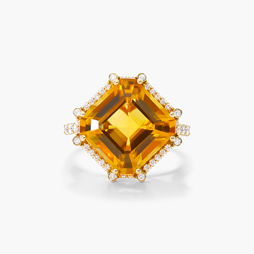 18K Yellow Gold Octagon Citrine And Diamond Ring