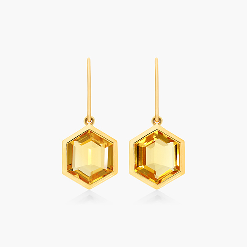 18K Yellow Gold Bezel Hexagonal Citrine Hook Earrings