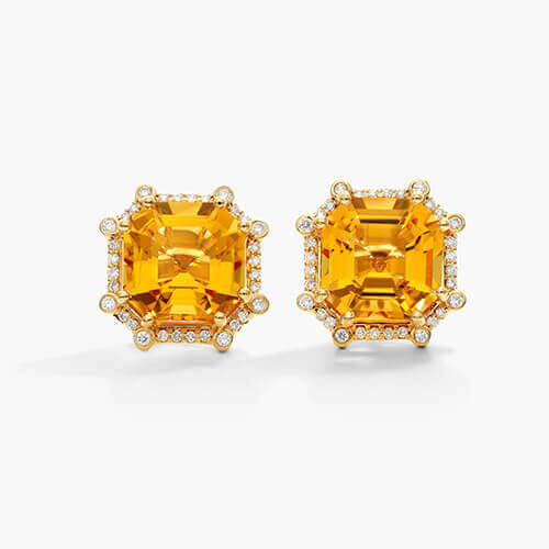 18K Yellow Gold Octagon Citrine And Diamond Frame Earrings