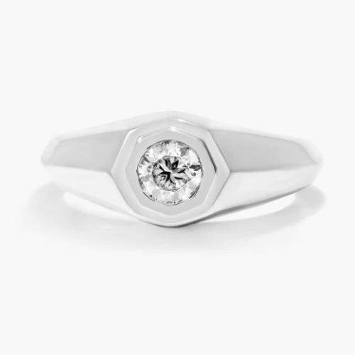 14K White Gold Octagonal Frame Solitaire Diamond Ring