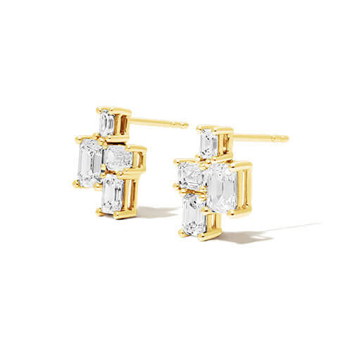 14K Yellow Gold Assemblage Emerald Cut Lab Grown Diamond Earrings