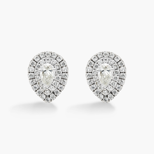 18K White Gold Double Halo Pear Shape Diamond Earrings