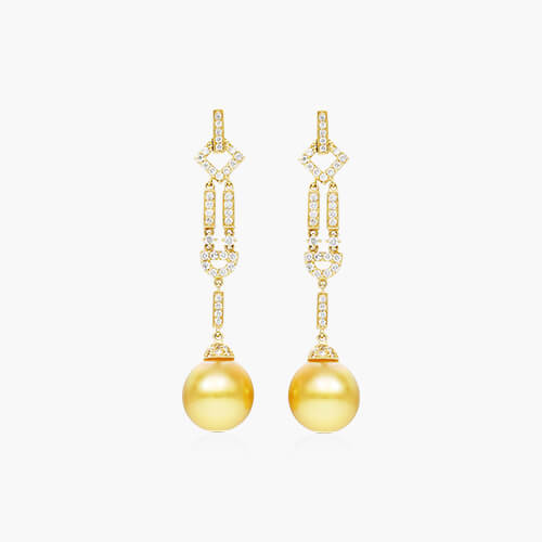 18K Yellow Gold Diamond And Cultured Golden South Sea Pearl Art Deco Drop Earrings (11-12 Mm)