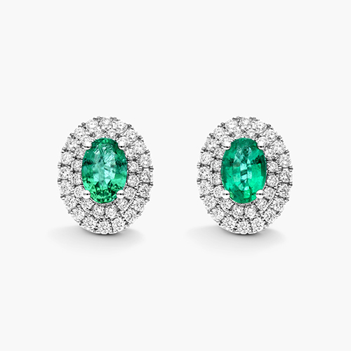 18K White Gold Oval Emerald And Diamond Double Halo Earrings