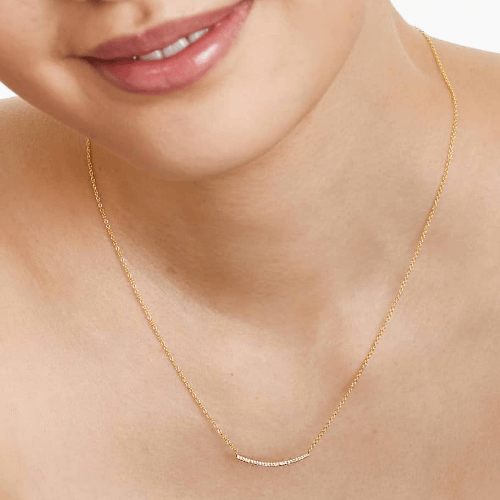 14k Yellow Gold Slightly Curved Diamond Bar Necklace