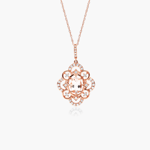 14K Rose Gold Vintage Halo Morganite And Diamond Necklace (7.0x5.0mm)