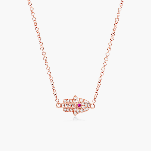14K Rose Gold Hamsa Ruby And Diamond Necklace