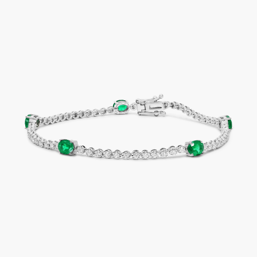 14K White Gold Emerald Station Diamond Tennis Bracelet