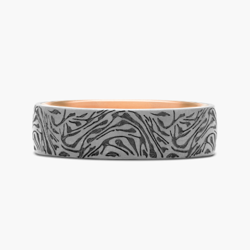 Grey Tantalum Faux Mokume Pattern With 14K Rose Gold Inside 6.5mm Ring