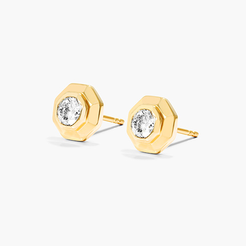 14K Yellow Gold Diamond Solitaire Octagonal Frame Stud Earrings