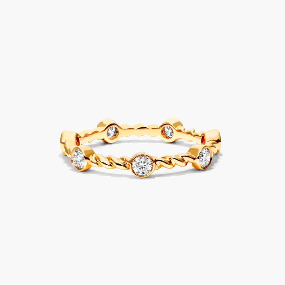 14K Yellow Gold Round Diamond Station Cable Ring