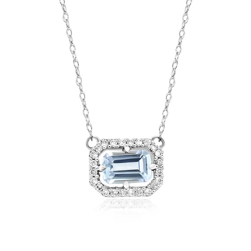14K White Gold Aquamarine And Diamond Floating Halo Necklace (6.0x4.0mm)