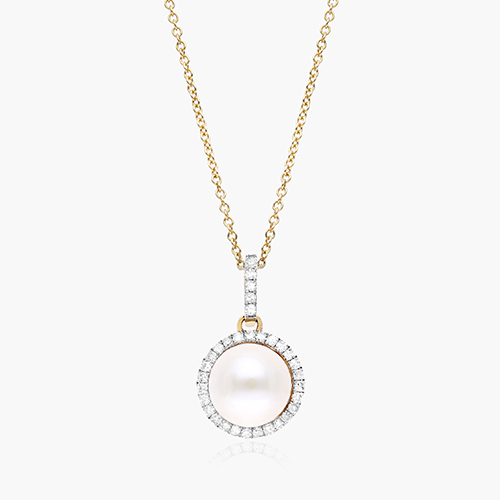 14K Yellow Gold Cultured Freshwater Pearl And Diamond Halo Drop Necklace