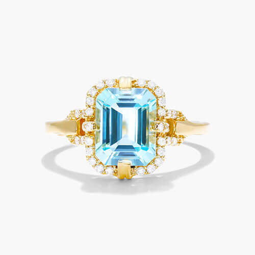 18K Yellow Gold Sky Blue Topaz Diamond Halo Ring