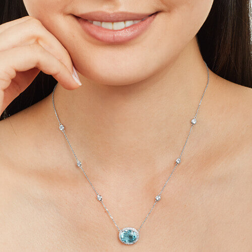 14K White Gold Blue Topaz, Diamond And White Sapphire Station Necklace (12.0x10.0mm)